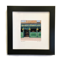 Load image into Gallery viewer, A framed art print of Queen's Park Cafe in Glasgow, featuring a black frame.
