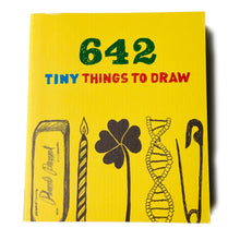 Load image into Gallery viewer, A yellow pocket-sized drawing journal titled '642 TINY THINGS TO DRAW'.
